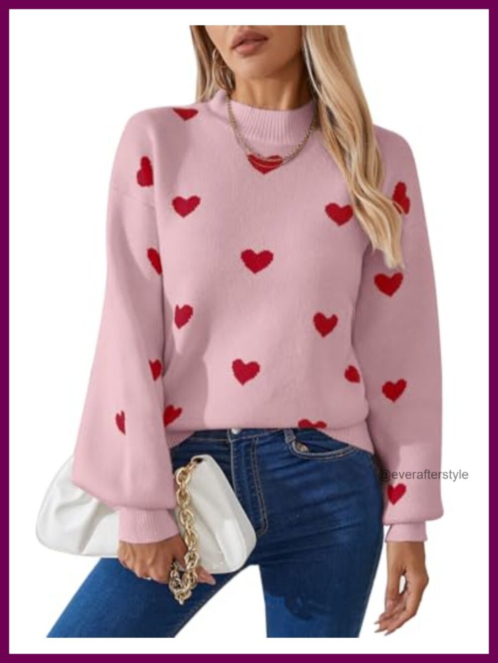 Womens Cable Knit Heart Mock Neck Pullover Sweater Loose Fit